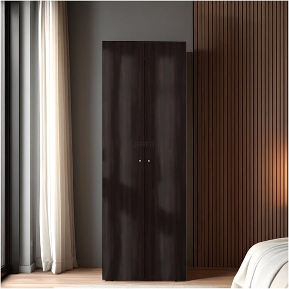 JERFIT 2-Door Tall Wardrobe Cabinet with Hanging Rod, 4 Adjustable Shelves Storage Closet for Bedroom, Modern Walnut Finish