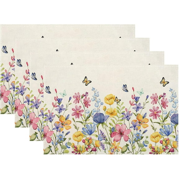 Spring Floral Placemats 12x18 Inches Set of 4 Colorful Flower Butterfly Decorative Rectangle Table Mats Summer Colorful Linen Place mats for Party Home Kitchen Dining Table Decor