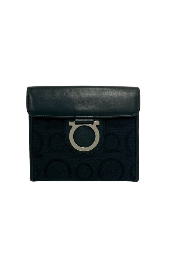 Pre-Owned Salvatore Ferragamo Gancini hardware canvas leather genuine bi-fold wallet black 64167