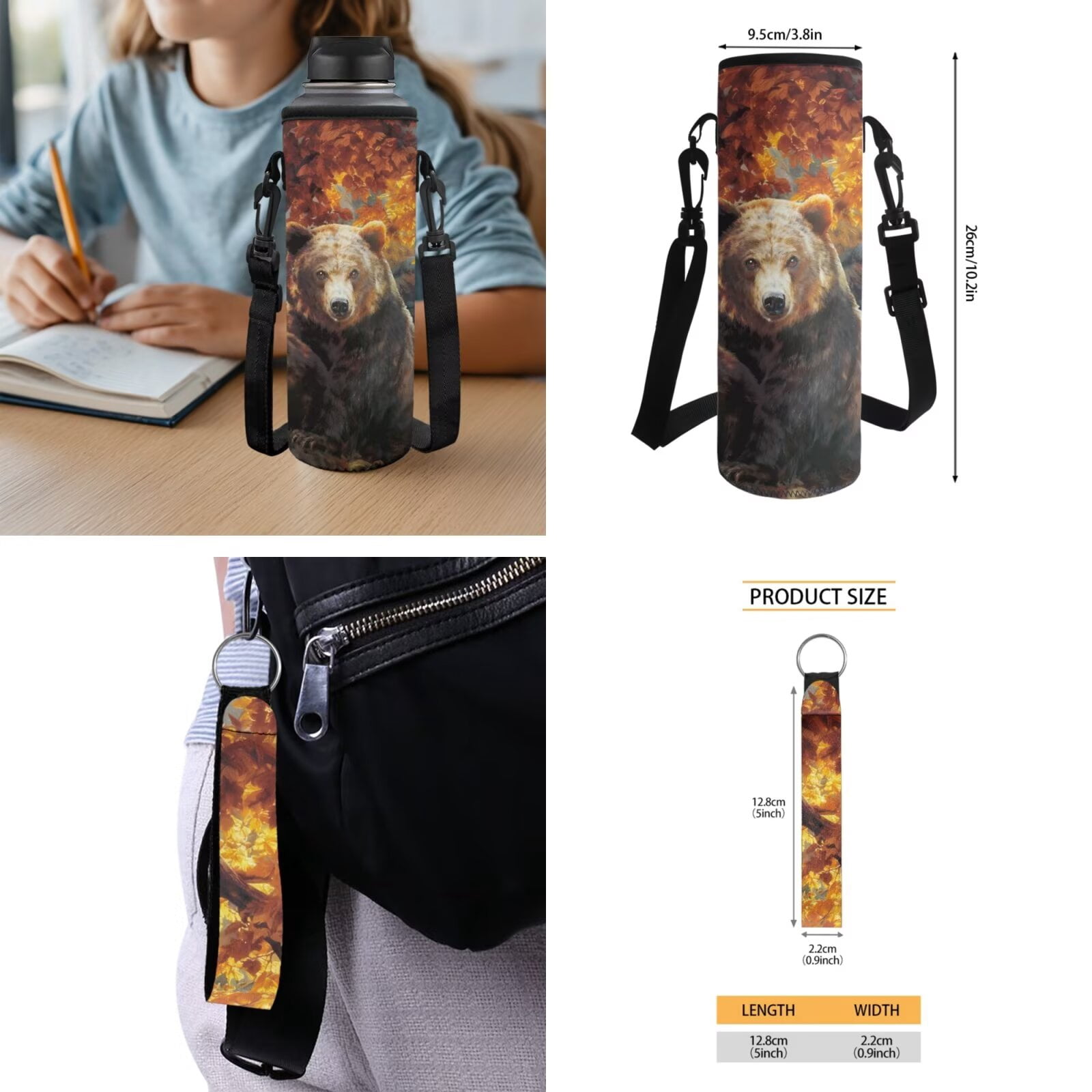 Pzuqiu Bear Print Kids Backpack Set for Boys with Lunch Box Water Bottle Bag Kawaii Backpacks for School with Adjustable Shoulder Strap,5pcs Large Capacity Student Bag