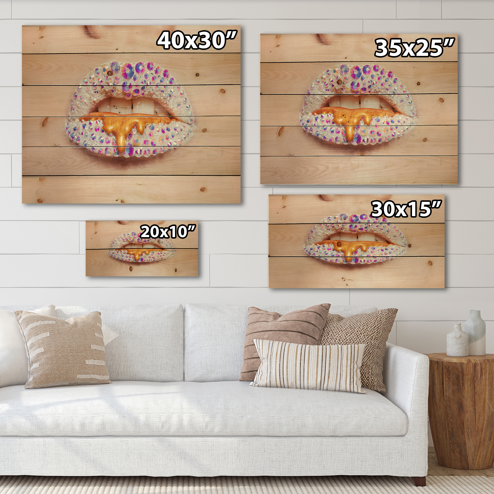 Designart 'Shining Woman Lips Covered With Rhinestones and Smudges' Modern Print on Natural Pine Wood