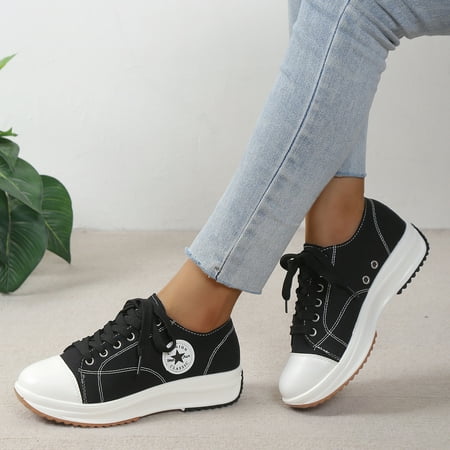 

Women‘s Leisure Canvas Fabric Sneakers Thick Bottom Low Top Lace Up Round Toe Casual Shoes Women‘s Footwear