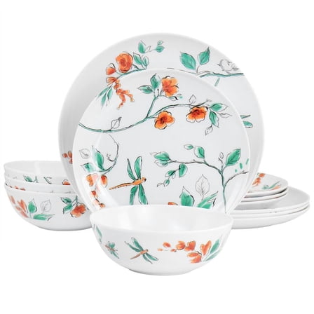 12 Piece Dragonfly Melamine Dinnerware Set in White Service for 4