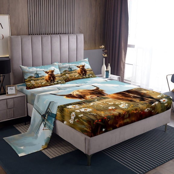Erosebridal Cartoon Highland Cow Bed Sheets Set Twin Size, Rustic Windmill Farmhouse Bedding Sets Twin Size, Daisy Floral Home Decor 3-Piece