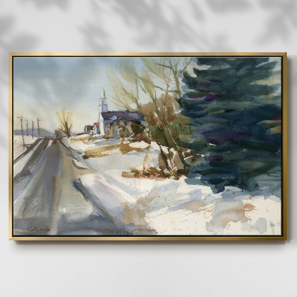 Congregational Church in Winter - Framed Gallery Wrapped Holiday Canvas - 17 x 25 - Gold Frame