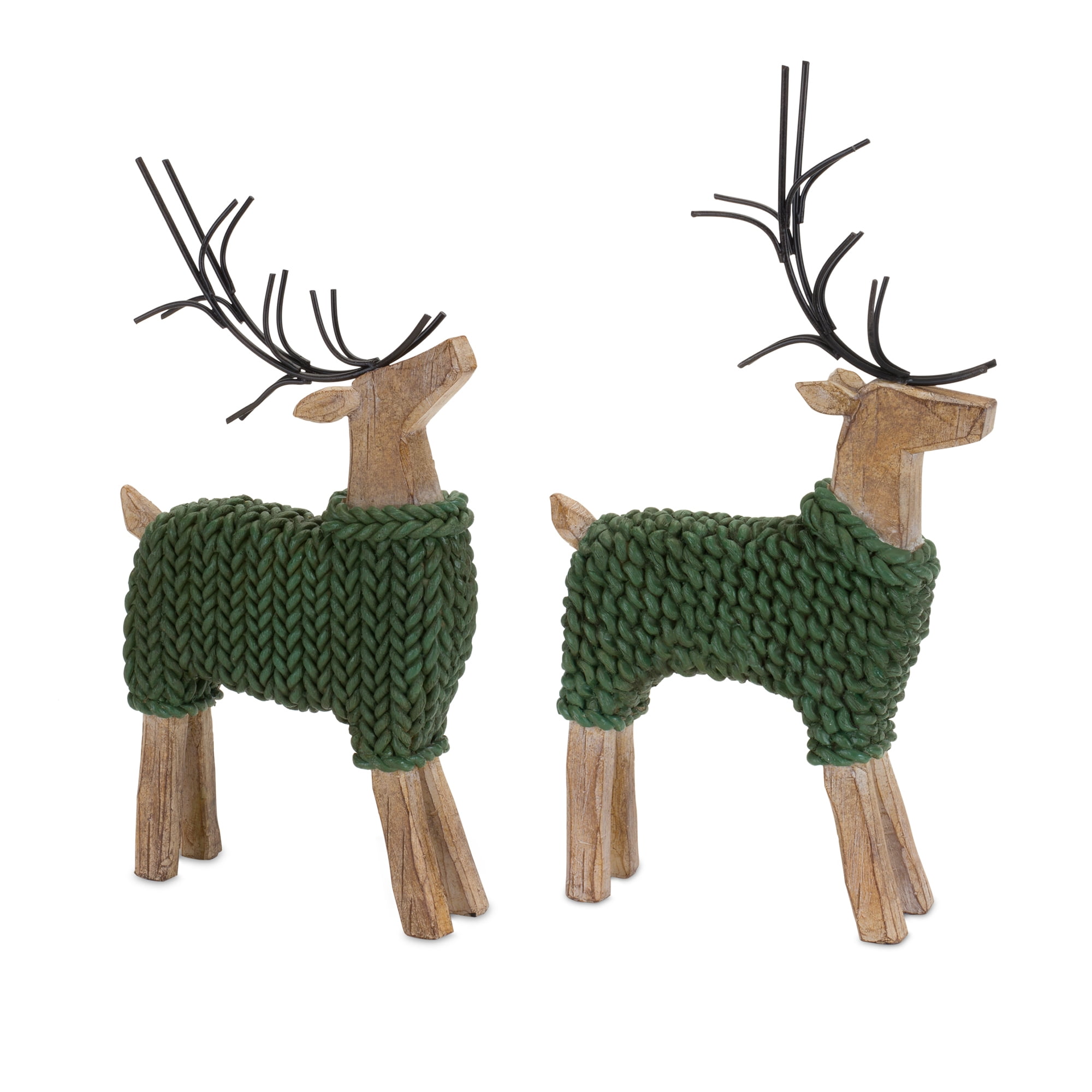 Set of 2 Adorable Two Reindeers with Green Sweaters Christmas Figurine