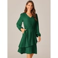 thumbnail image 2 of DARING DIVA Long Sleeve V Neck Dress High Waist Layered Dress M Dark Green, 2 of 6