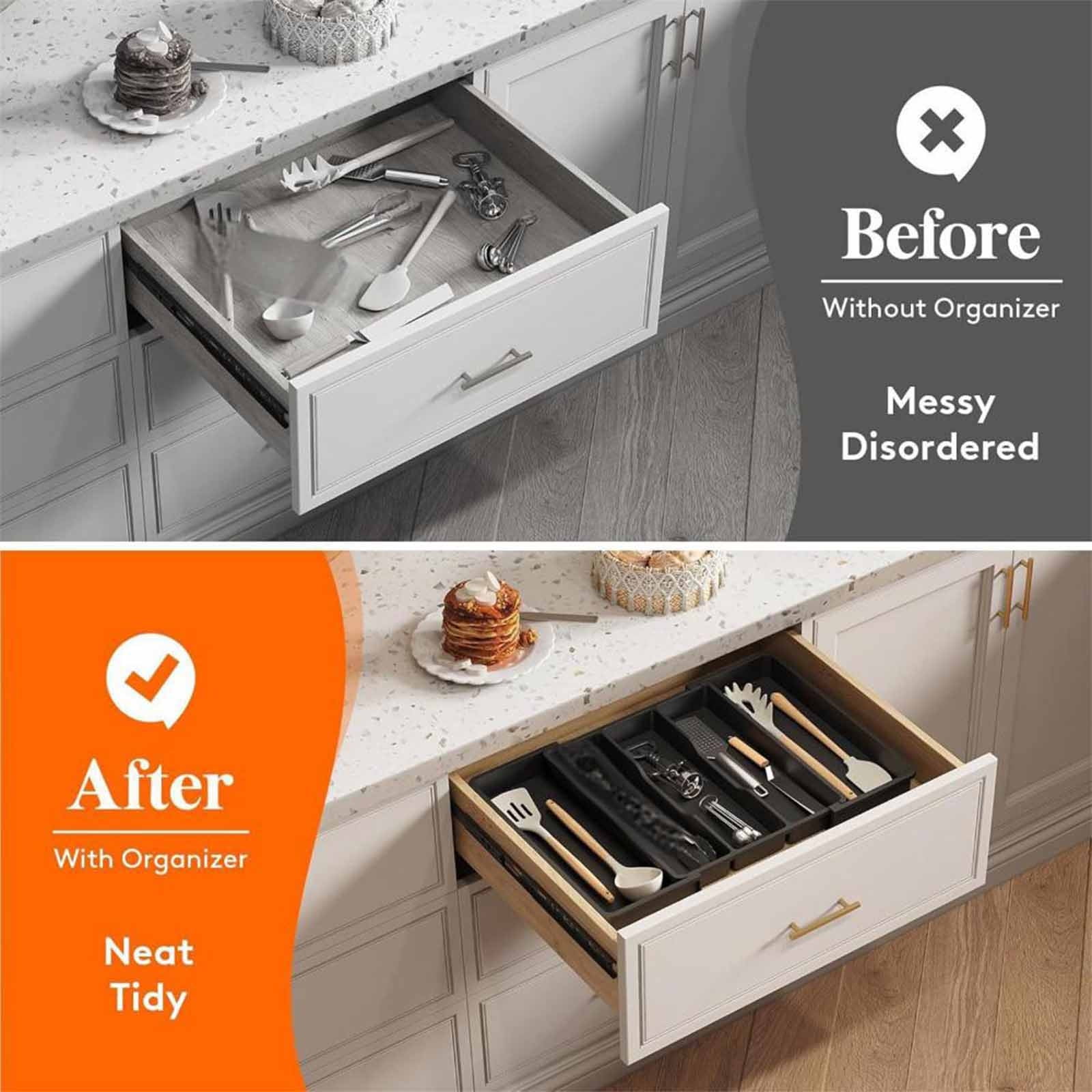 Silverware Organizer,Utensil Drawer Organizer,Drawer Storage Box,Kitchen Drawer Organizer,Plastic Cutlery Drawer Boxes for Kitchen and Household(Black 5pcs/Set 15.1x13.3x2.16in)from ANMUYUM