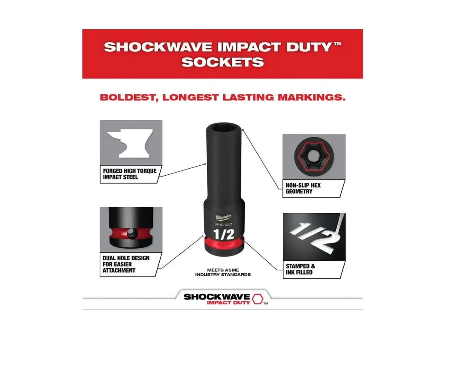 Milwaukee Shockwave 1/2" Drive SAE 6-Point Impact Socket Set – 18pc, Black, Steel