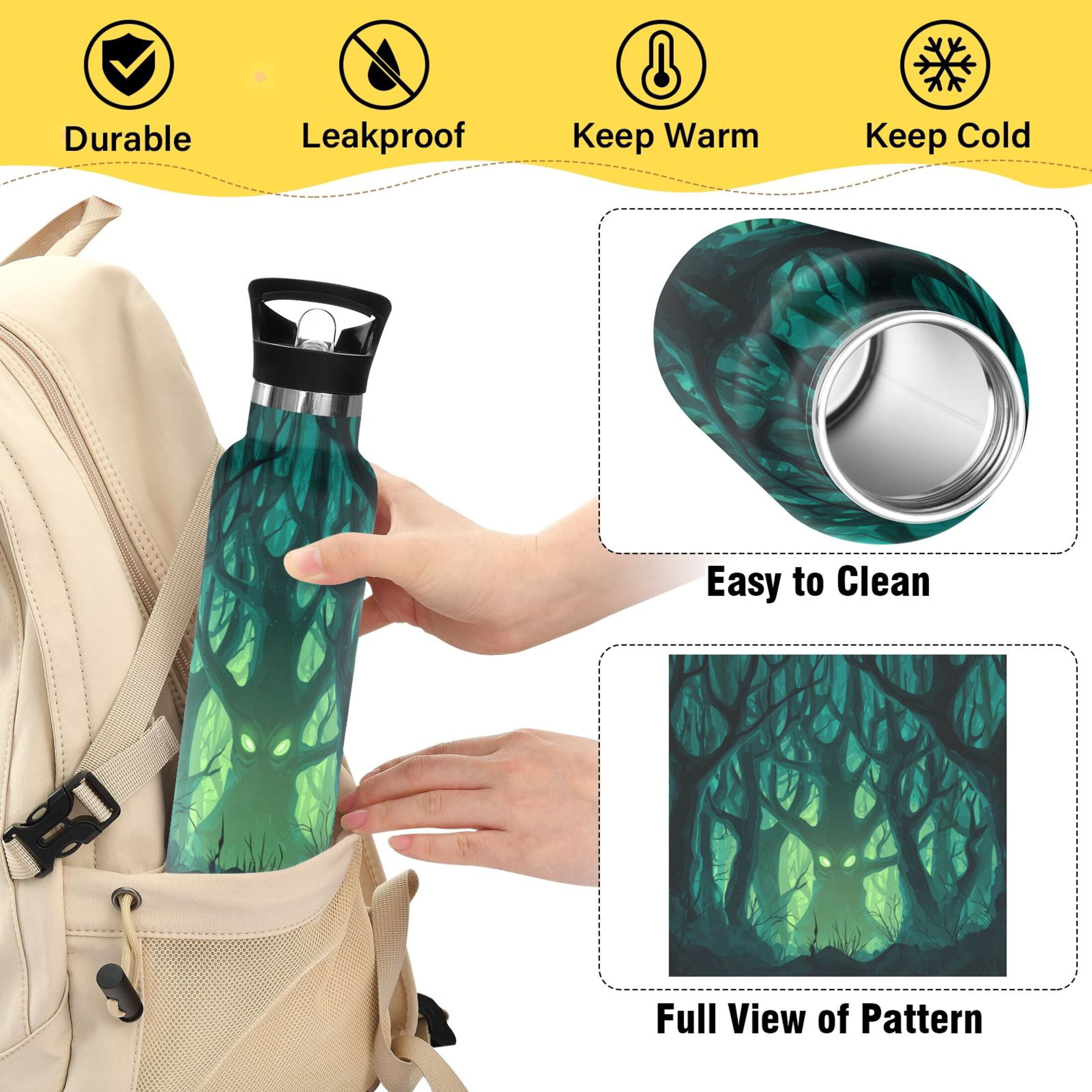 Kids Insulated Stainless Steel Sports Water Bottle 600ml (20oz) Dark Forest with Green Eyes
