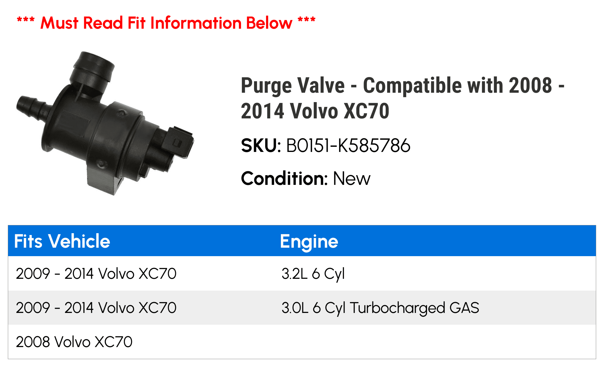 Purge Valve - Compatible with 2008 - 2014 Volvo XC70 2009 2010 2011 2012 2013