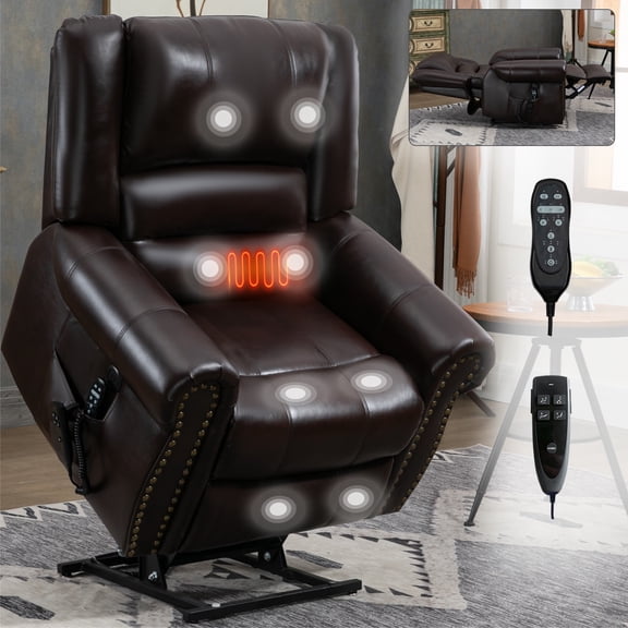 HICOMILA Dual Motor Power Lift Recliner Chair with Heat & Massage, Faux Leather, USB Ports, Infinite Position, 350 LBS Capacity, Brown