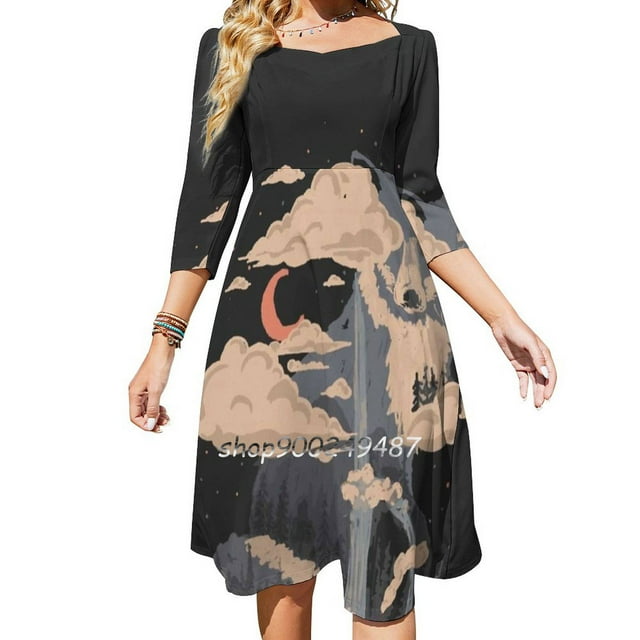Al pie de la montaña Fox... Vestido acampanado Vestido de cuello cuadrado Vestido elegante de moda femenina Vestido estampado Ndtank Naturaleza Salvaje Naturaleza