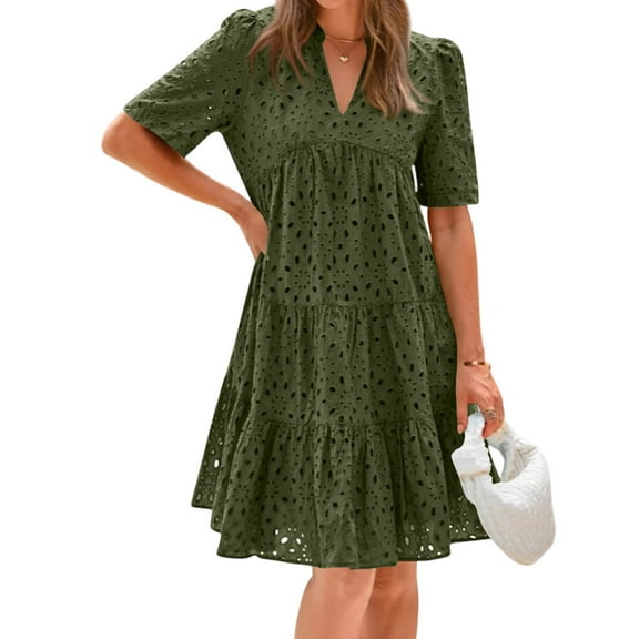 Wedding Guest Dresses For Women, Eyelet Boho Dress Casual V Neck A Line Short Sleeve Sundress Vacation Party Plus Size Maternity Dress Women Easter Dresses Tennis Dresses (L, Dark Green) ZMTing