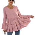 thumbnail image 1 of Jersey Liso Cuello En V Tipo Suelto Dobladillo Lindo Mangas Largas Cómodo Top De Mujer Para Otoño Rosa L, 1 of 8