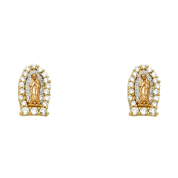 Virgin Mary Stud Earrings Solid 14k Yellow White Rose Gold Lady Guadalupe Studs CZ Posts Fancy 12 mm