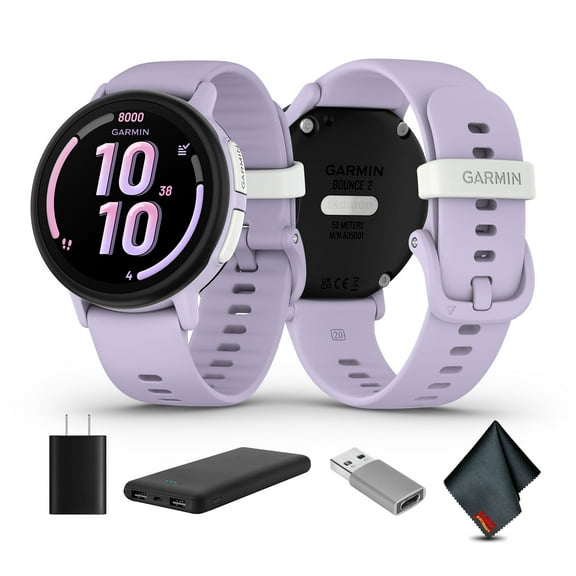 Garmin Bounce 2, Kids Smartwatch with Calling, Messaging and Location Tracking Features, Light Purple Bundle With USB Wall Charger   More
