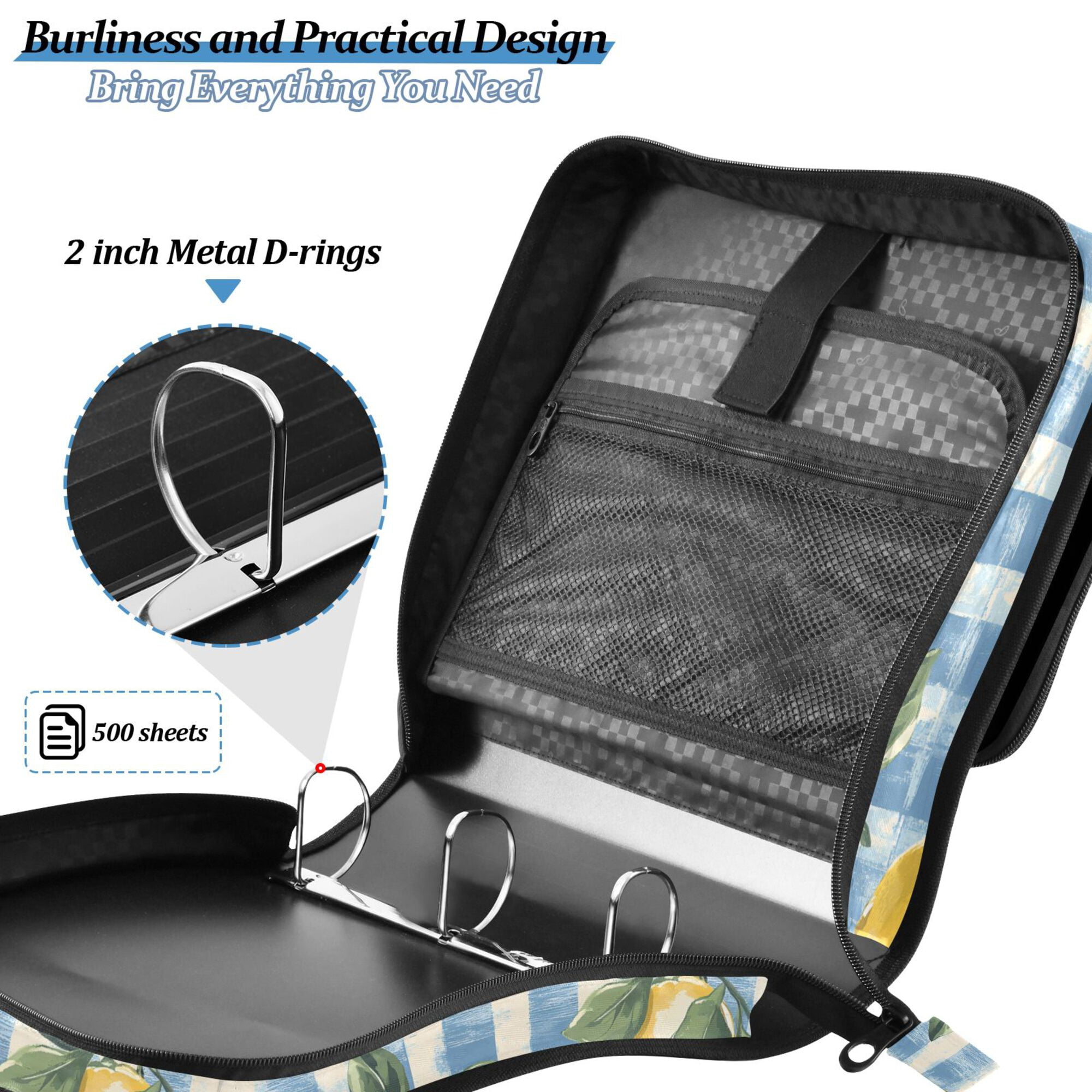 FORMRS Zipper Binder with Shoulder Strap 2-inch Ring 500 Sheet Capacity File Bag, Retro Lemon Leaves