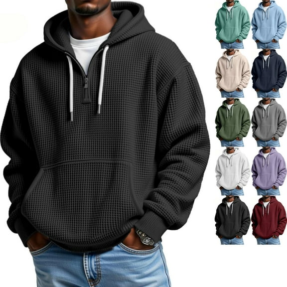 Zimjoy 1/4 Zip Hoodie Men Casual Big and Tall Waffle Hoodie Men Drawstring Hoodies Pullover Long Sleeve Hooded Sweatshirt with Pockets, Black L