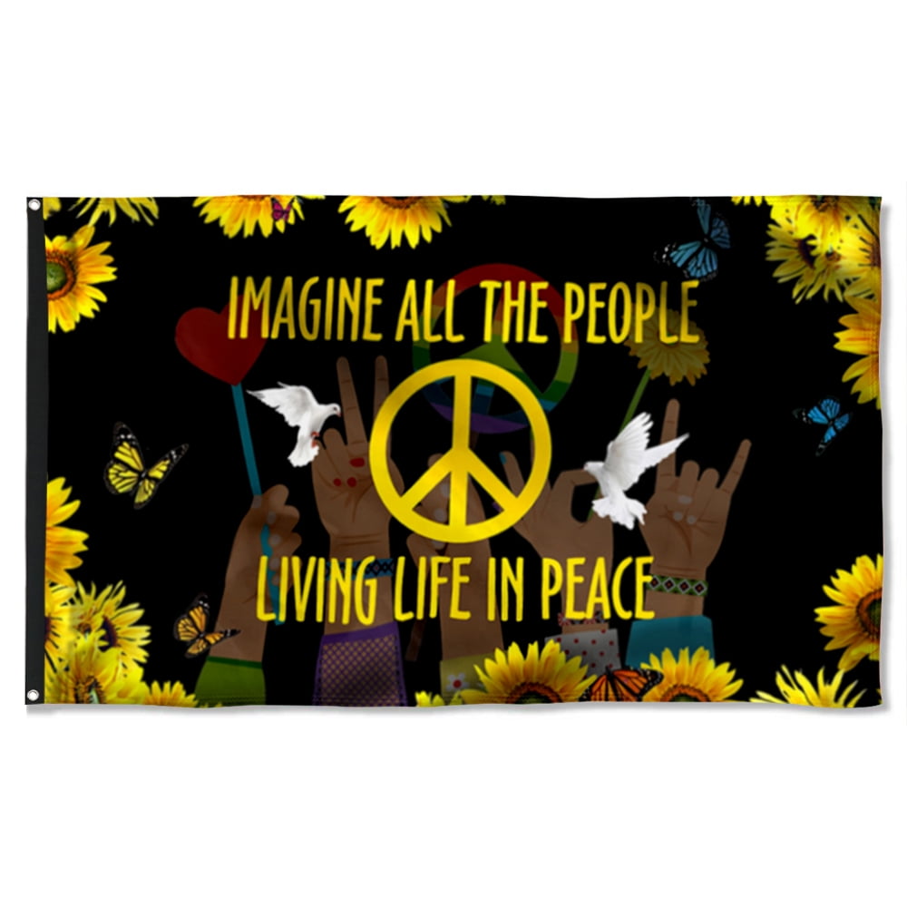 Cayyon Hippie Sunflower Peace Sign Flag Imagine All The People Living