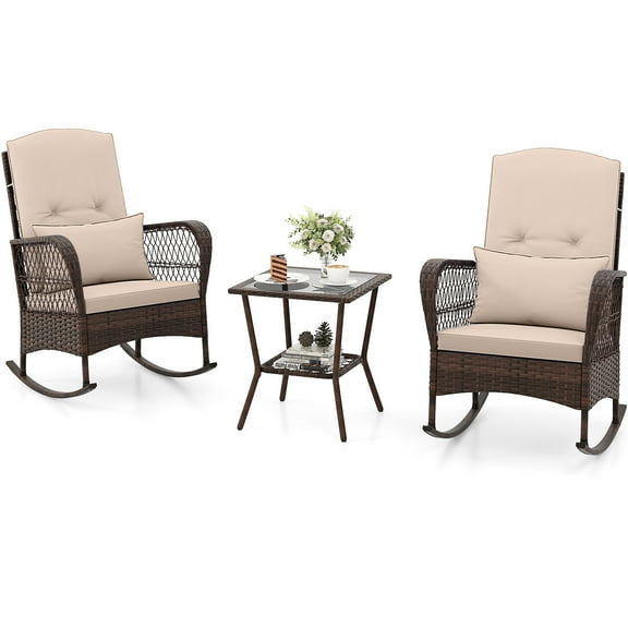 Topbuy 3 Pieces PE Rattan Rocking Bistro Set Rocking Chairs with 2-Tier Coffee Table for Porch Garden and Poolside Beige