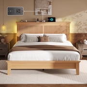 Fluest Queen Solid Wood Bed Frame with High Headboard and Charging Station, Natural Finish