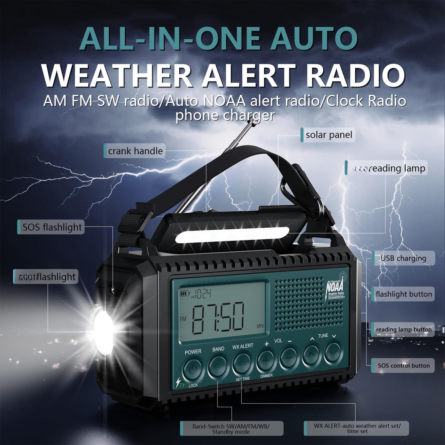 Noaa Emergency Weather Radio With Auto Alerts  5000mah Solar Hand Crank Am/fm/sw Shortwave Flashlight Reading Lamp Phone Sos Alarm Gear Time Clock & Large Lcd Display