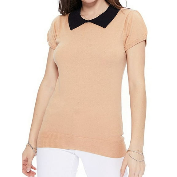 YEMAK Women's Classic Contrast Collar Short Sleeve Knit Pullover Sweater MK3591-TAN/BLK-M