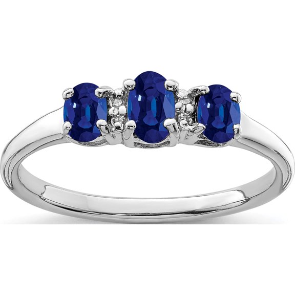 Sterling Silver Rhodium 3 Oval Sapphire & Diamond Ring (Size 6) Made In India qr2777-6
