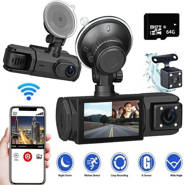 TIKBBRMG Dash Cam Front and Rear,Triple Camera,1080P Full HD Dashcam for Cars Backup Camera,Included 64GB Card,Built-in Wi-Fi GPS,2” IPS Screen, Night Vision, 140°Wide Angle,WDR, 24H Parking Mode