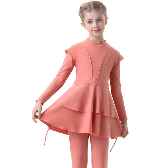 IDOPIP Modest Swimsuits for Girls Kids Muslim Swimsuits Islamic Full Cover Long Sleeve Top Pants Swim Hijab Cap 3PCS Rash Guard Sets 9-10 Years,Light Pink