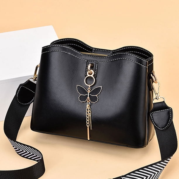 Women's Soft Washed Leather Shoulder Bag Multi-Zip Large Capacity Handbag With Bow Shell, Black