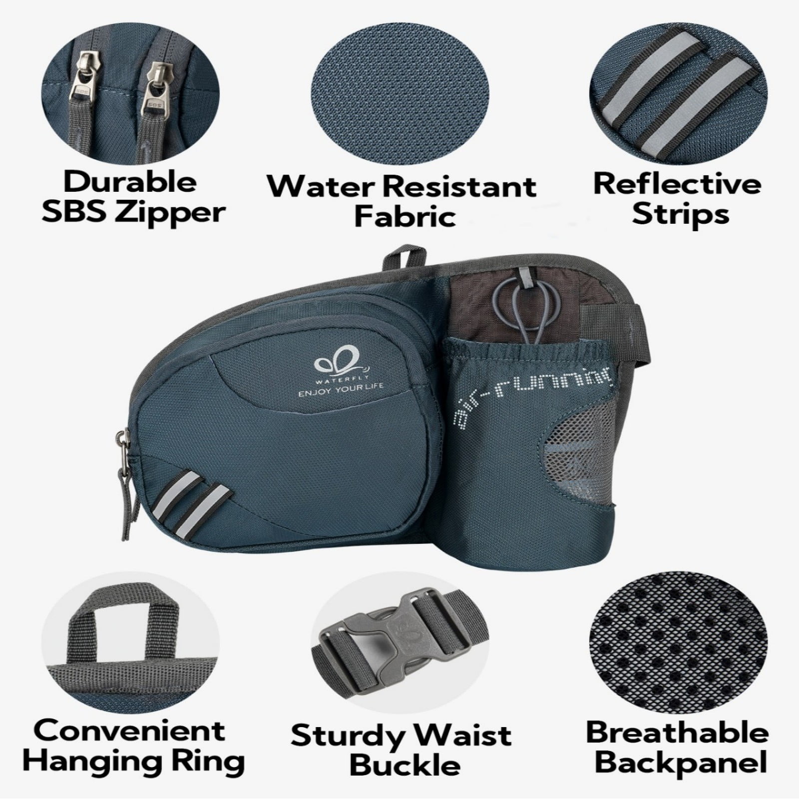 WATERFLY Unisex 3.5L Nylon Fanny Packs with a Water Bottle Holder Travelling Hiking Walking,Dark Gray
