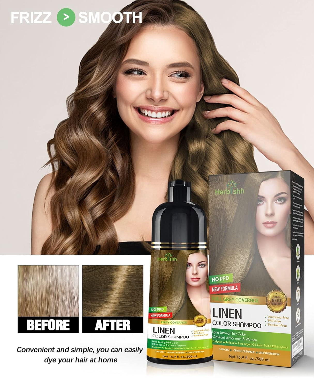 (2 pack) Herbishh Linen Hair Color Shampoo for Gray Hair with Pack 2 Hair colour stain remover, Hair Dye Shampoo 3 in 1, 100% Gray Coverage, Permanent Hair Color for Men & Women, Ammonia-free, 500 ml
