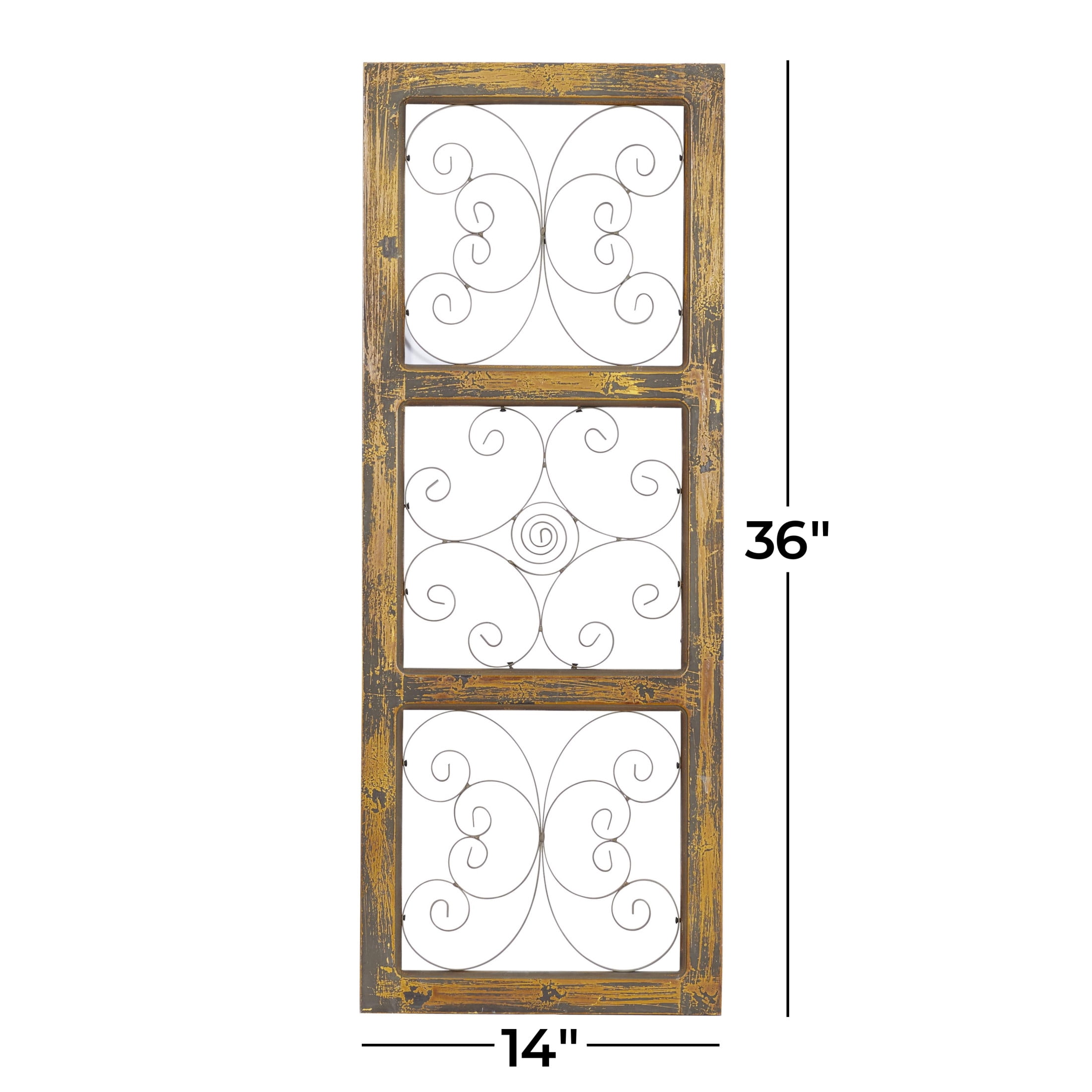 DecMode Brown Wood Distressed Panel Scroll Wall Decor with Bronze Metal Scrollwork