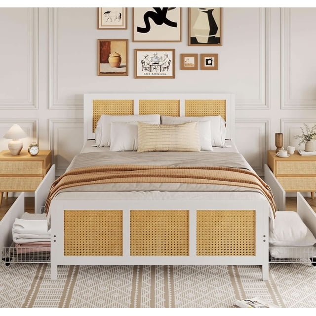 Ourlova Queen Size Rattan Accent Storage Bed with LED Lights - 4 Drawers and Woven Front MDF Wood Frame White Finish