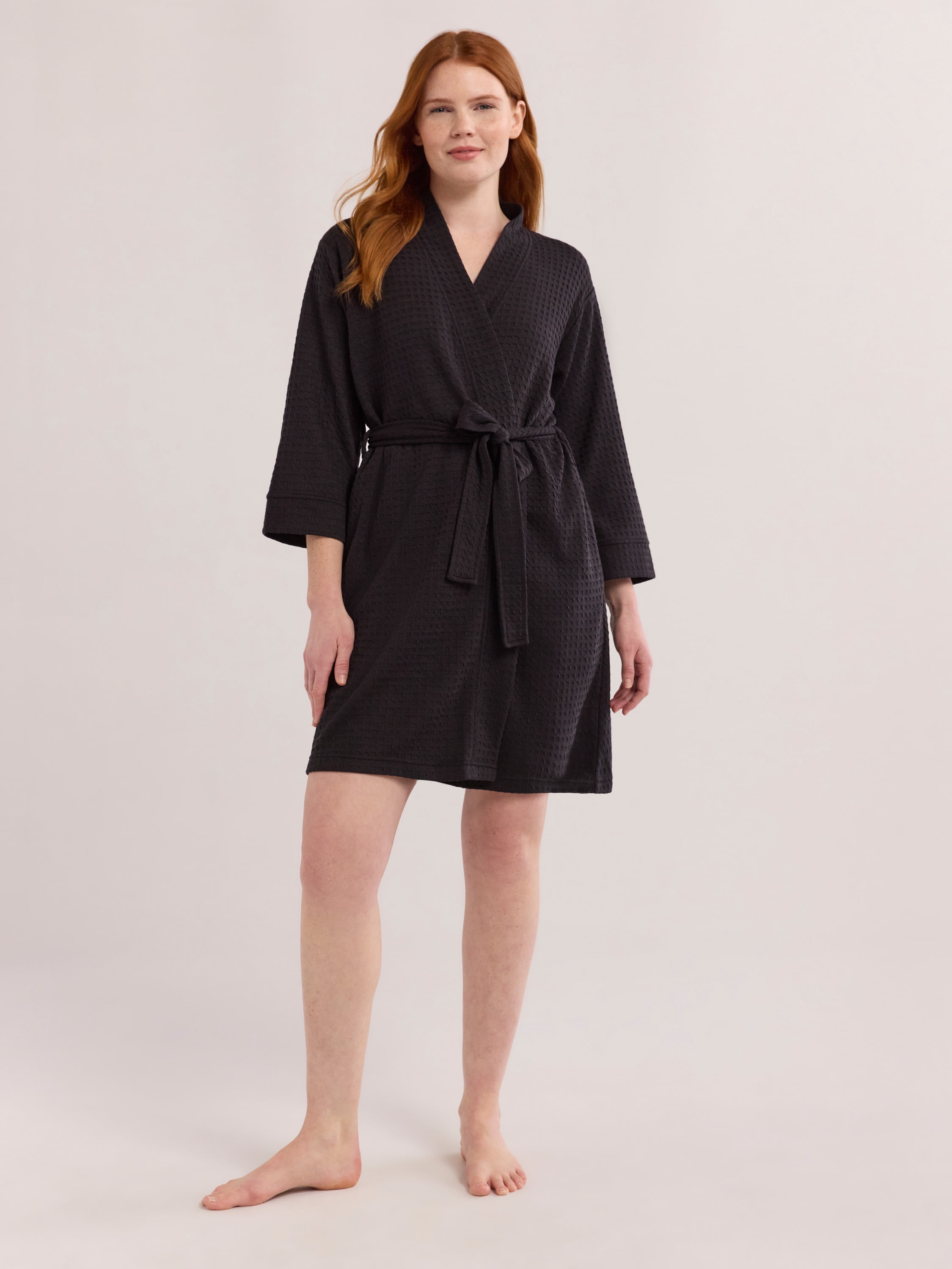 Joyspun Women's Waffle Kimono Short Wrap Robe, Sizes S-3X