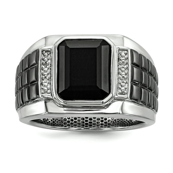 Sterling Silver Diamond & Onyx Square Black Rhodium-plated Men's Ring