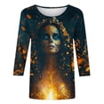 thumbnail image 4 of Uootdi Shirts for Women Round Neck Three Quarter Golden Skull Witch Lady Print Halloween Costumes for Women Loose Fit Gothic Holiday Womens Tops, 4 of 5