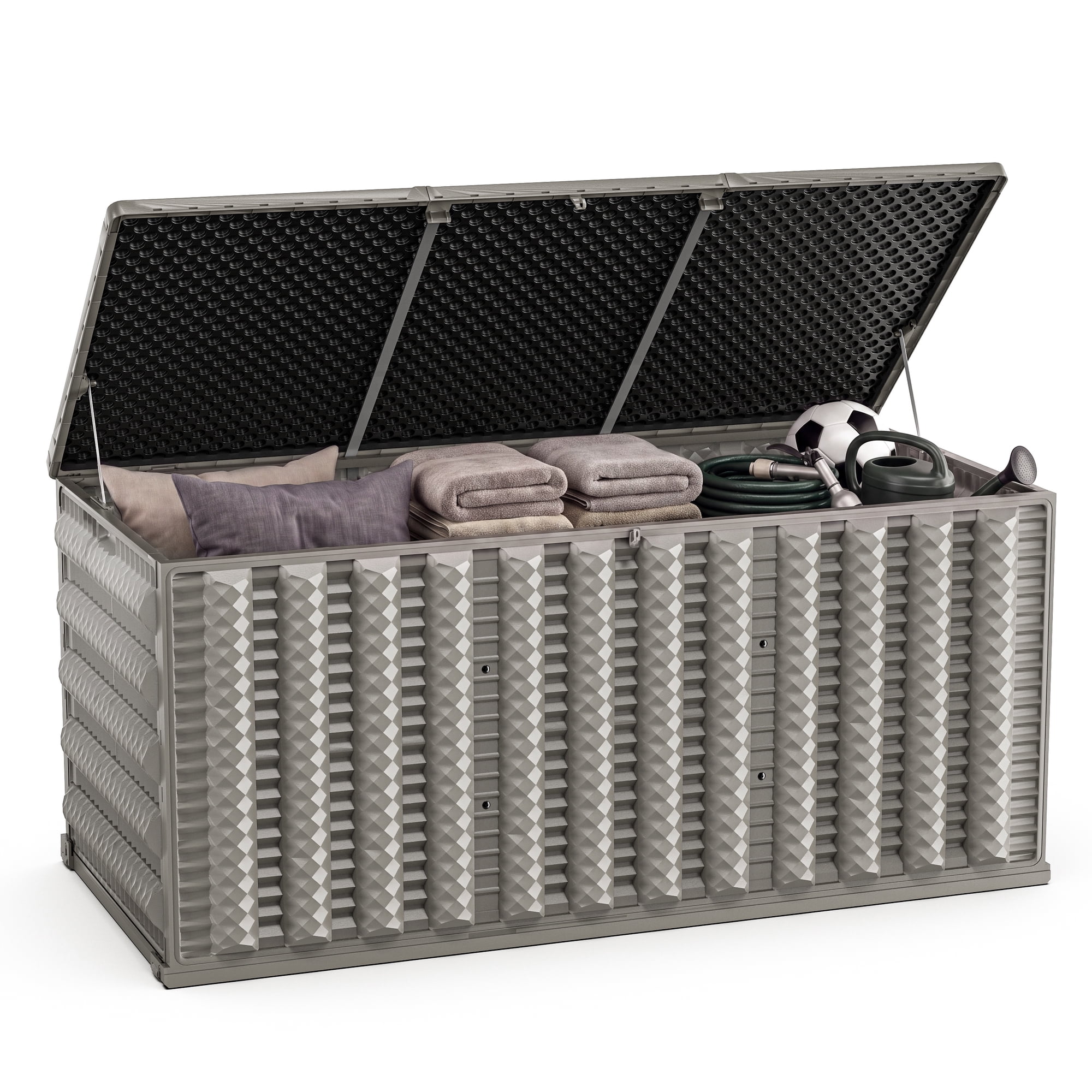 130 Gallon Resin Deck Box, Outdoor Lockable Storage Container for Patio Cushions, Garden Tools, Pool Supplies, Toys, Water Resistant and UV Resistant, Reinforced Rib Design, Built-in Wheels, Gray