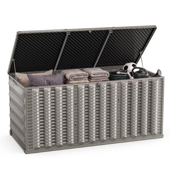 130 Gallon Resin Deck Box, Outdoor Lockable Storage Container for Patio Cushions, Garden Tools, Pool Supplies, Toys, Water Resistant and UV Resistant, Reinforced Rib Design, Built-in Wheels, Gray
