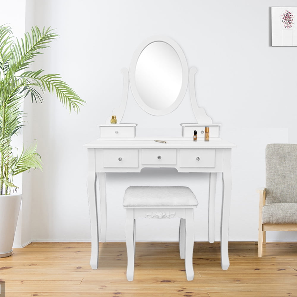 Lowestbest Vanity Table Set, Dresser Table with 360°Rotation Single Mirror 5 Drawers, White Lowestbest Vanity Table Set, Dresser Table with 360°Rotation Single Mirror 5 Drawers, White
