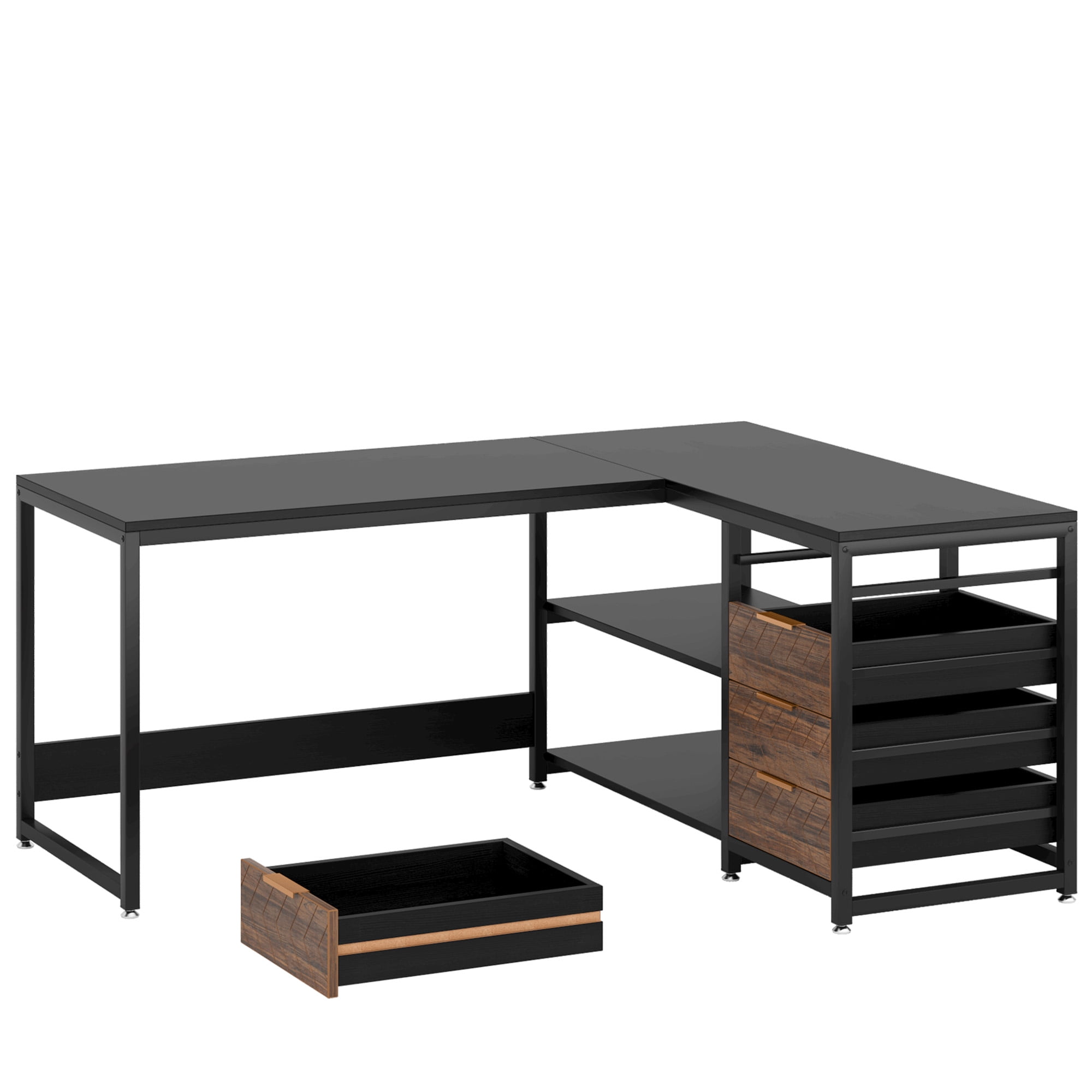 KIOOTTO 59" L-Shaped Computer Desk with 4 Drawers, Reversible Storage Cabinet and Large Corner Workstation, Brown