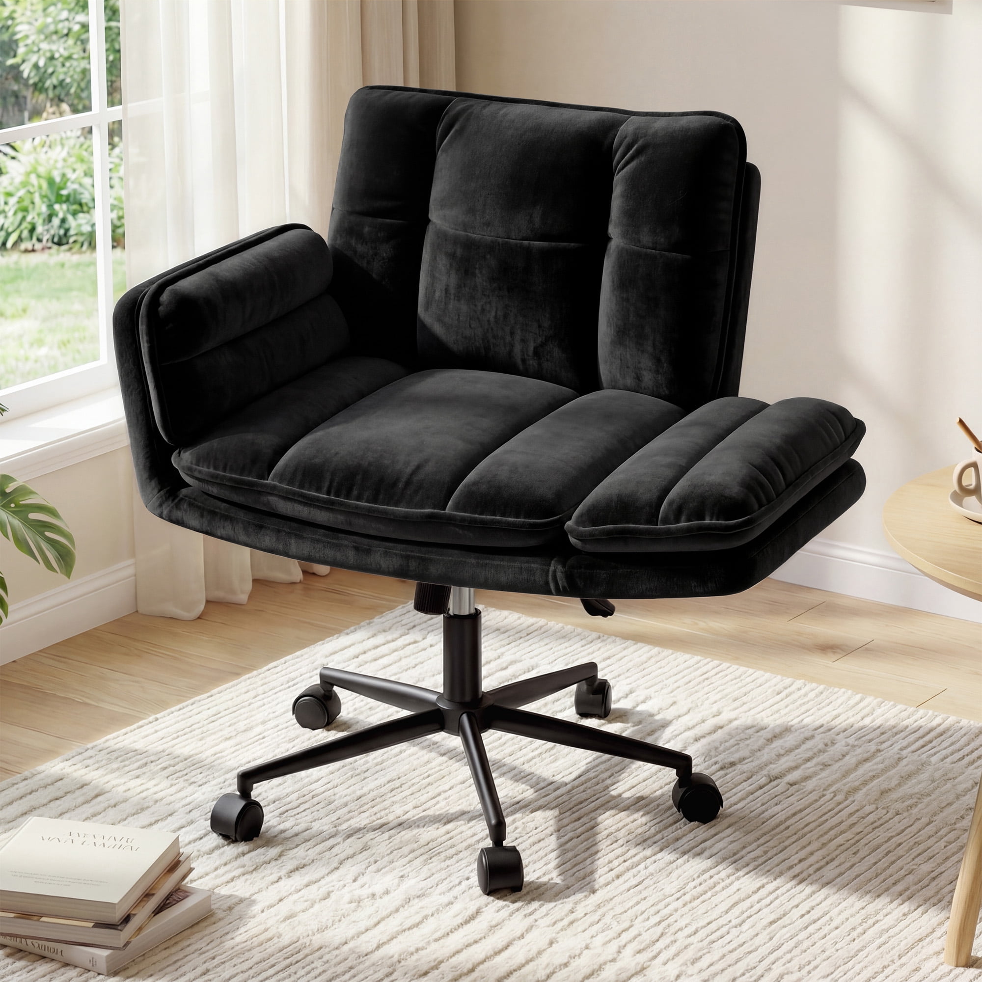Romorgniz Criss Cross Chair with Wheels Plush Fleece Vanity Chair with 5-Gear Adjustable Armrests Ergonomic Office Chair for Home Office, Black