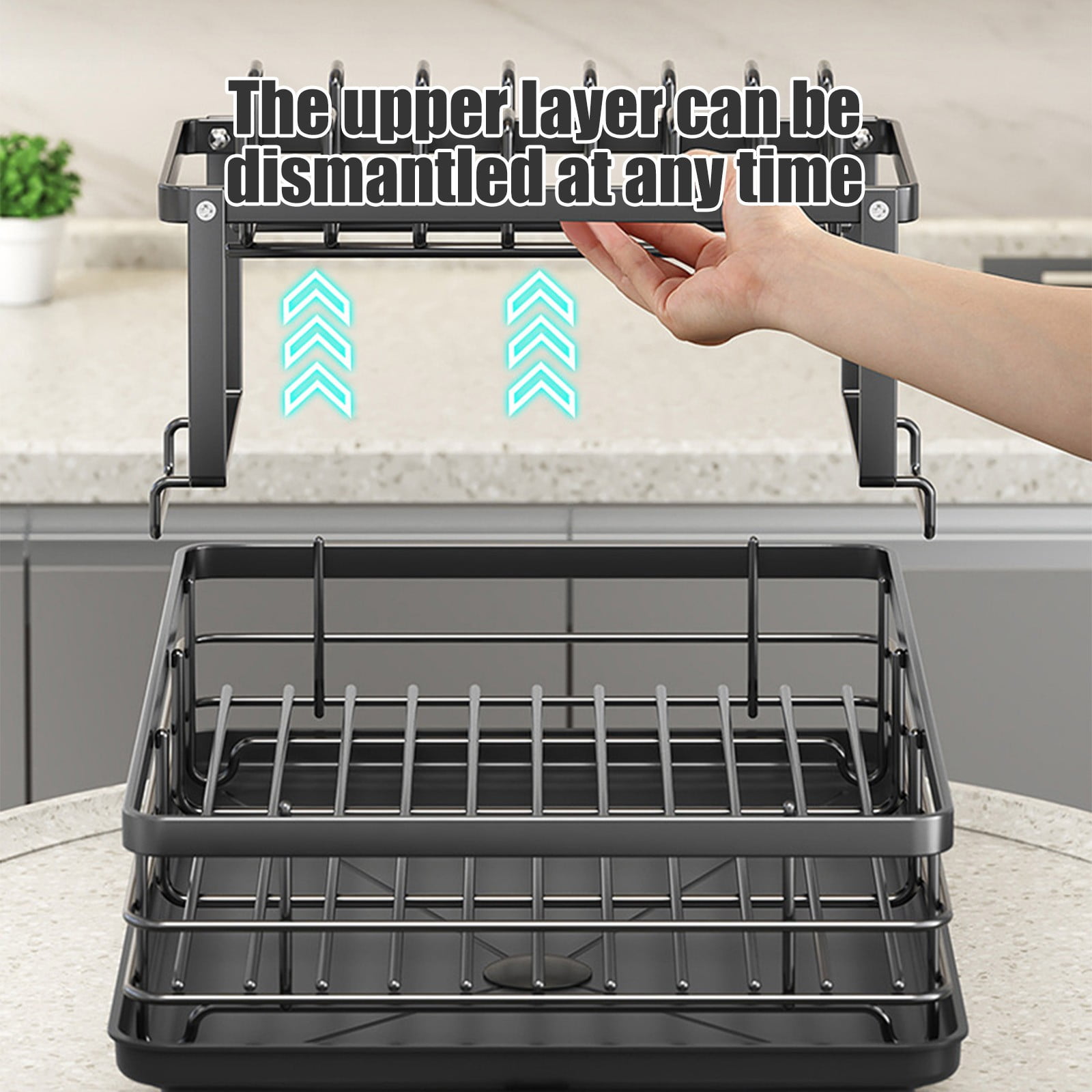 Dish Drying Rack Carbon Steel 2 Tier Draining Rack, Bowl Plate Chopstick Storage with Water Drain Tray, Countertop Dish Organizer for Kitchen Sink and Counter