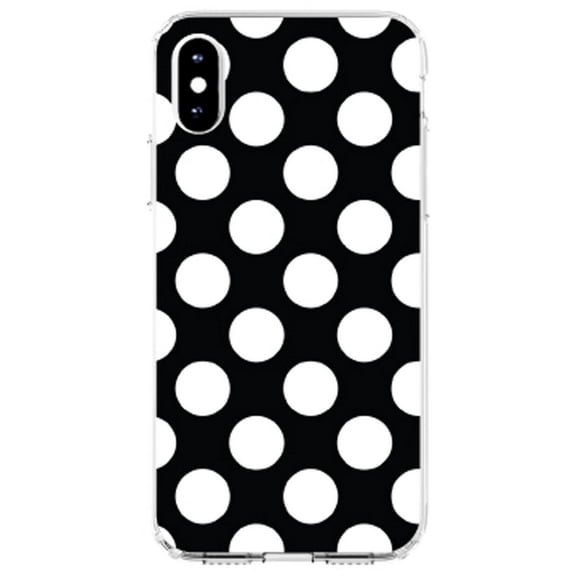 DistinctInk Clear Shockproof Hybrid Case for iPhone XR (6.1" Screen) - TPU Bumper, Acrylic Back, Tempered Glass Screen Protector - White & Black Polka Dots