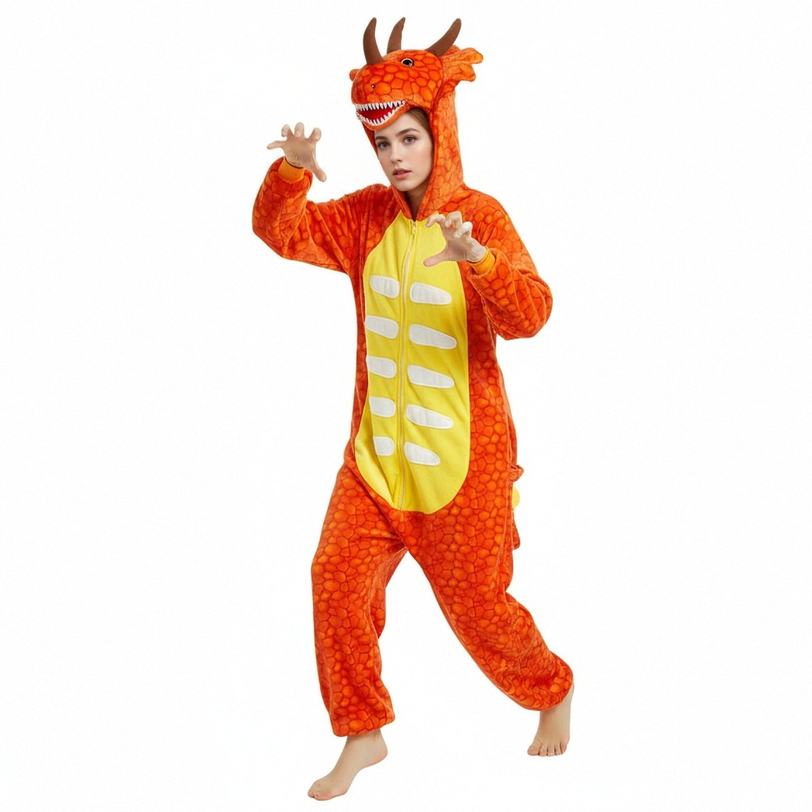Fjofpr Womens Plush Hooded Jumpsuit Sherpa Pajamas 2025 Plus Size Long Sleeve Cute dinosaur One Piece Onesie Winter Warm Rompers Sleepwear Hooded Long-sleeved zip up Pajamas Home Clothing ARed L