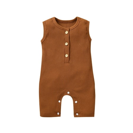 

Kids Baby Girls Summer Romper Sleeveless Plain/Stripe Ribbed Jumpsuit One-Piece Clothes Brown 0-3 Months