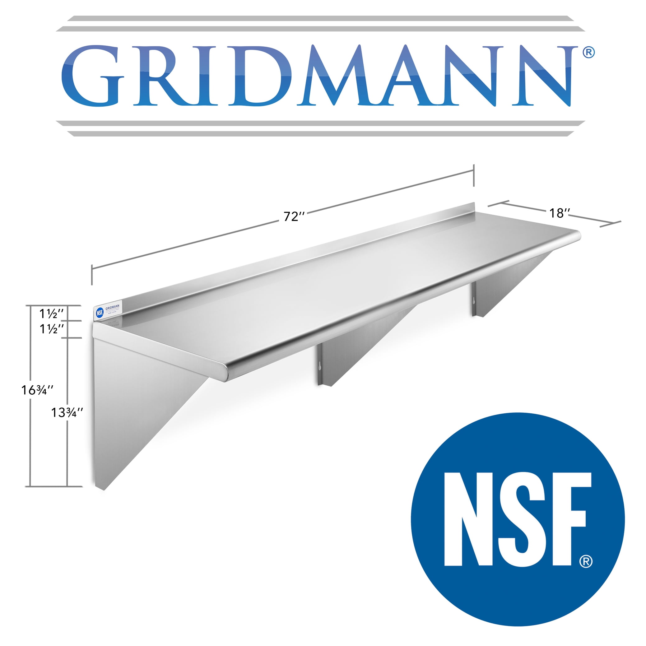 GRIDMANN 18" x 72" NSF Stainless Steel Kitchen Wall Mount Shelf w/ Backsplash