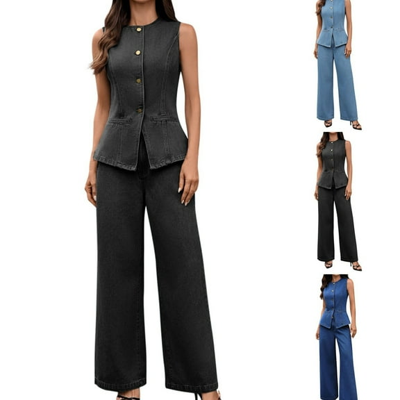Fall Jean Outfits for Women 2 Piece Sets Fitted Sleeveless Crew Neck Button Down Jeans Top with Pockets Trendy Y2K Zip Straight Wide Leg Jeans